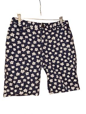 Coldwater Creek Floral Bermuda Shorts Navy White‎ 12 Natural Fit Cotton Stretch